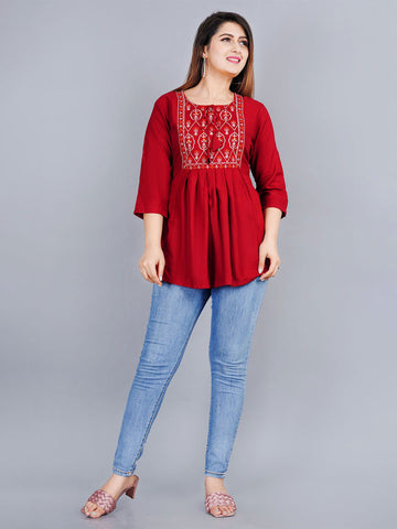 Women Tie-Up Neck Embroidered A-Line Top