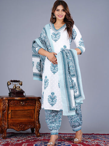 Floral Printed Pure Cotton Anarkali Kurta With Trousers And Dupatta