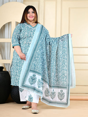 Plus Size Floral Printed Pure Cotton Kurta With Trouser And Dupatta