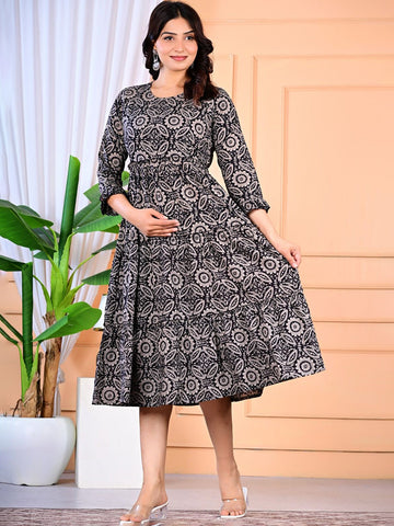 Women Floral Print Maternity Fit & Flare Midi Dress