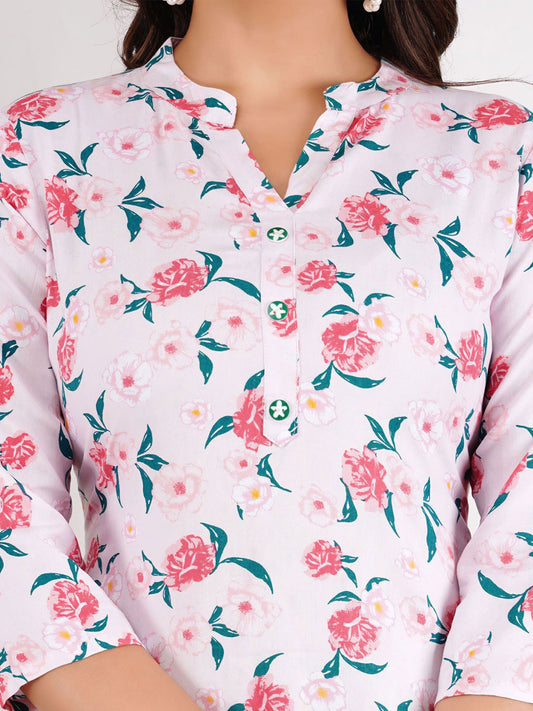 Women Floral Printed Mandarin Collar Top
