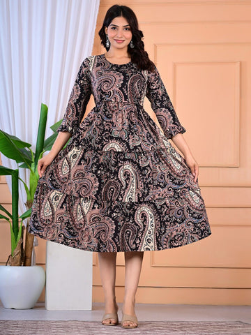 Women Printed Maternity Cotton Fit & Flare Midi Dress