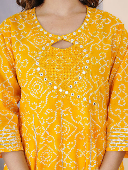 Bandhani Printed Mirror Work Pure Cotton Kurta with Trouser And Dupatta
