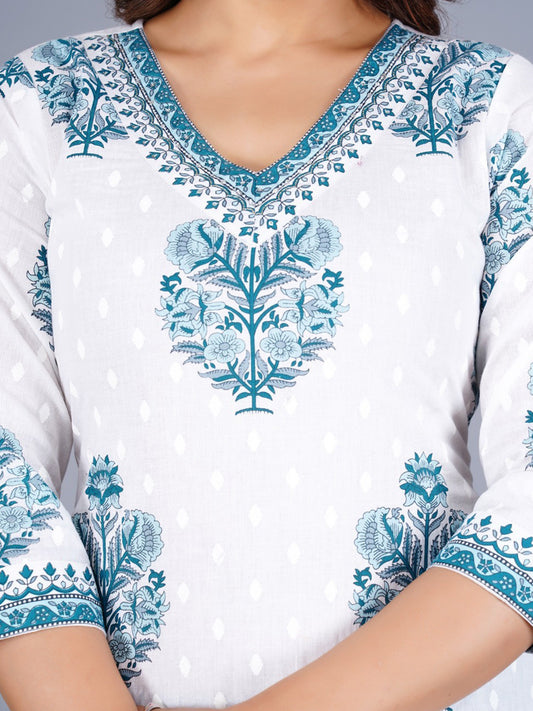 Floral Printed Pure Cotton Anarkali Kurta With Trousers And Dupatta
