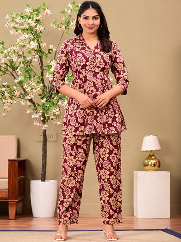 Women Maroon Floral Printed Co-Ord Set