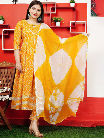 Bandhani Printed Mirror Work Pure Cotton Kurta With Trouser And Dupatta