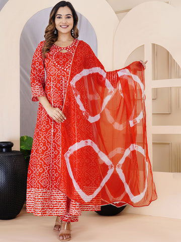 Bandhani Printed Pure Cotton Anarkali Kurta With Trousers & Dupatta