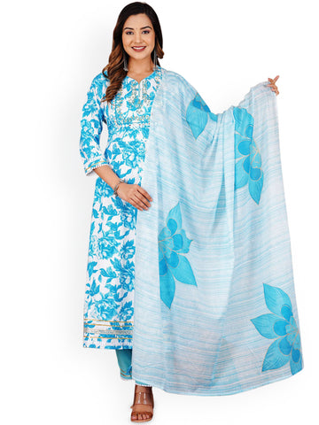 Floral Printed Pure Cotton Anarkali Kurta With Trousers And Dupatta
