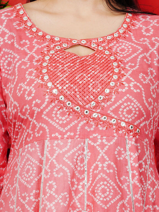 Bandhani Printed Mirror Work Pure Cotton Kurta with Trouser And Dupatta