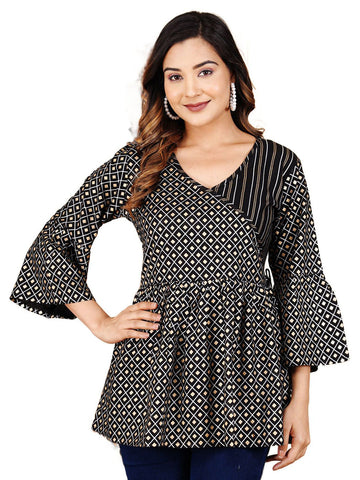 Geometric Printed Wrap Longline Top