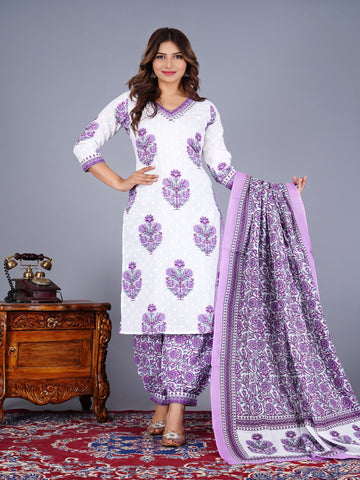 Floral Printed V-Neck Pure Cotton Straight Kurta With Salwar And Dupatta