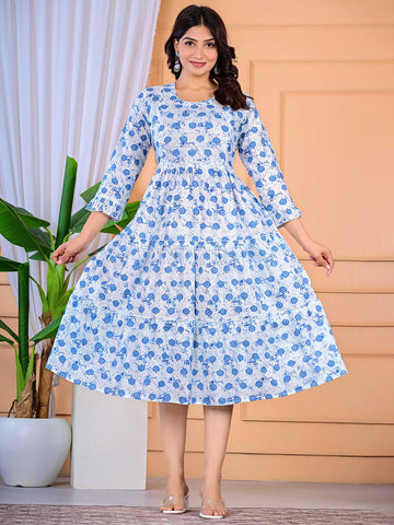 Women Round Neck Floral Print Maternity Cotton Fit & Flare Dress
