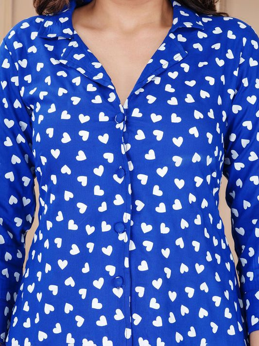 Graphic Printed Shirt Collar Neck Night Suit