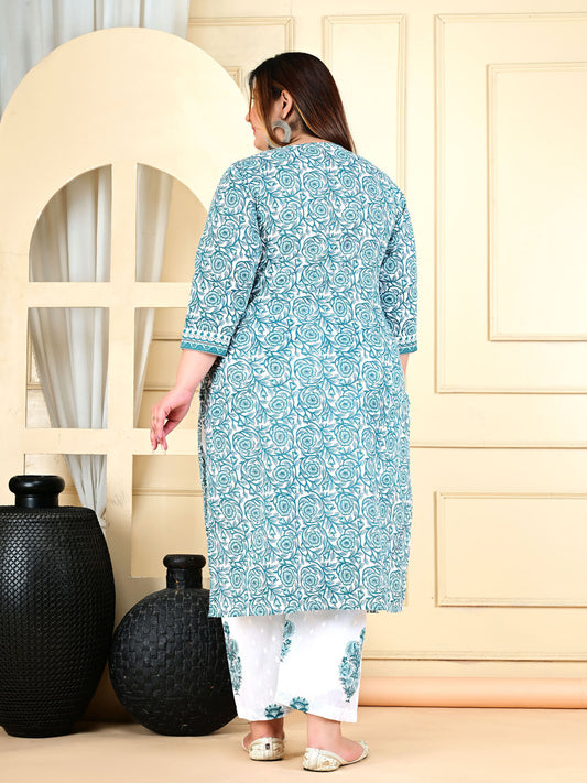 Plus Size Floral Printed Pure Cotton Kurta With Trouser And Dupatta