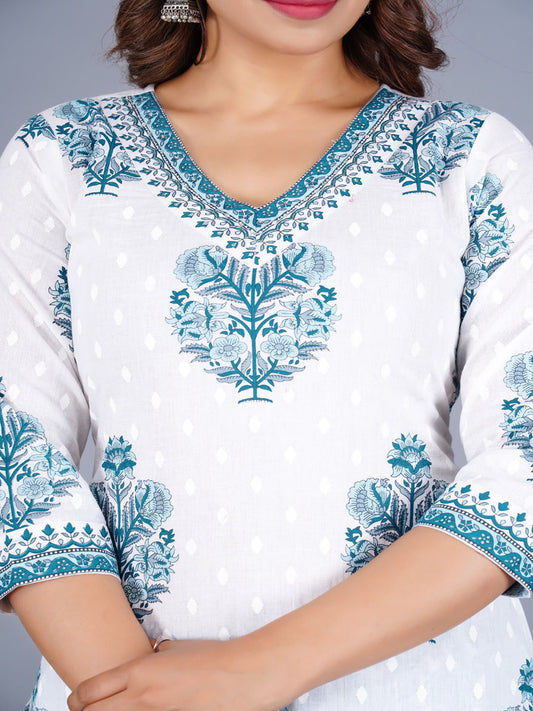 Floral Printed V-Neck Pure Cotton Straight Kurta With Salwar And Dupatta