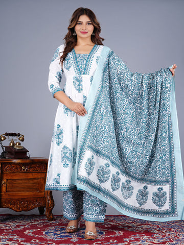 Floral Printed Pure Cotton Anarkali Kurta With Palazzos And Dupatta