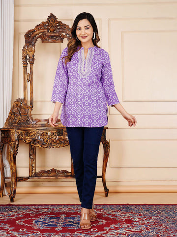 Printed Embroidered Mandarin Collar Cotton Tops