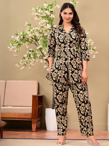 Women Black & Gold Floral Printed Co-Ord Set