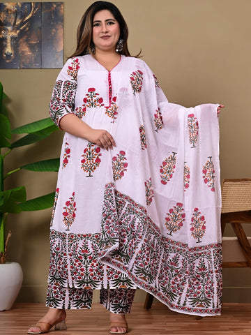 Women Floral Printed Empire Pure Cotton Kurta with Palazzos & With Dupatta