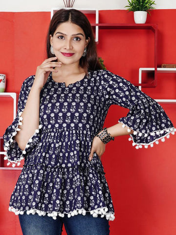 Women Floral Printed Bell Sleeves Cotton Empire Crop Top