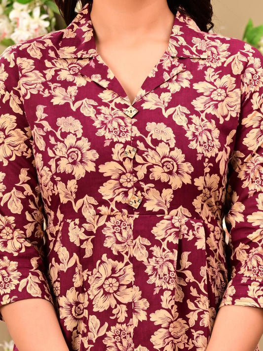 Floral Printed Shirt-collar Pure Cotton Tunic With Trousers