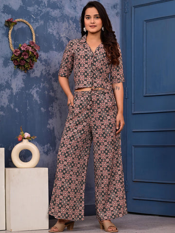 Printed Shirt Collar Top & Palazzos Co-Ords