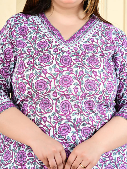Plus Size Floral Printed Pure Cotton Kurta With Trouser And Dupatta