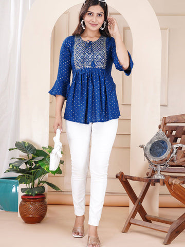 Women Floral Embroidered Tie-Up Neck Bell Sleeves Peplum Top