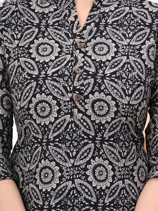 Women Floral Print Mandarin Collar Top