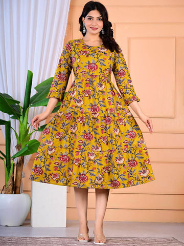 Floral Printed Gathered Tiered Cotton Maternity Ethnic Dress