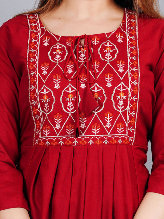 Women Tie-Up Neck Embroidered A-Line Top