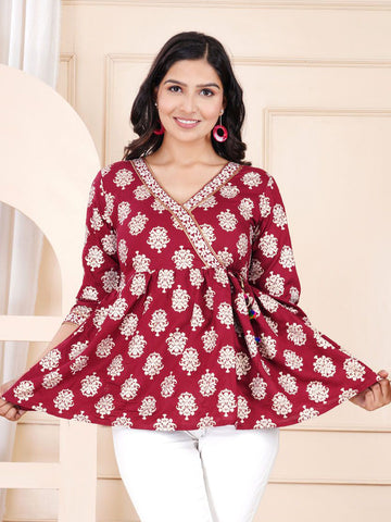Printed Cotton Wrap Top