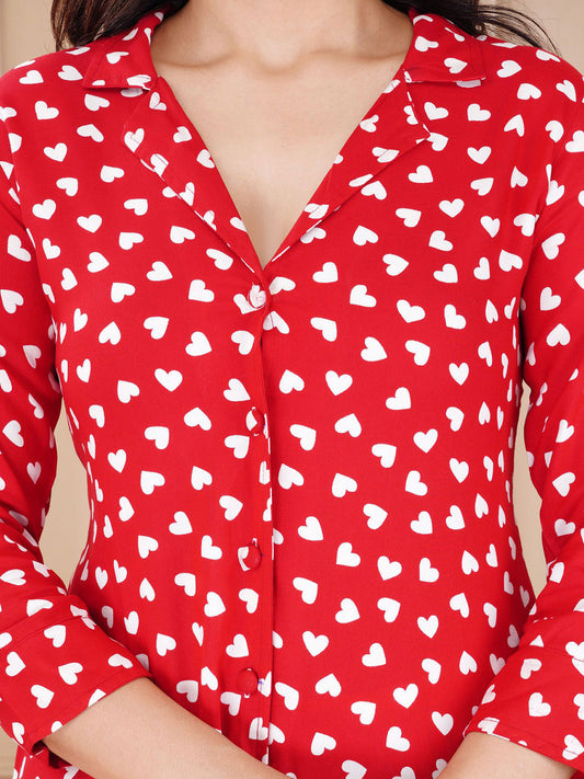 Graphic Printed Shirt Collar Neck Night Suit