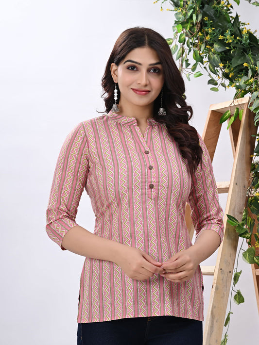Women Cotton Floral Print Mandarin Collar Cotton Top