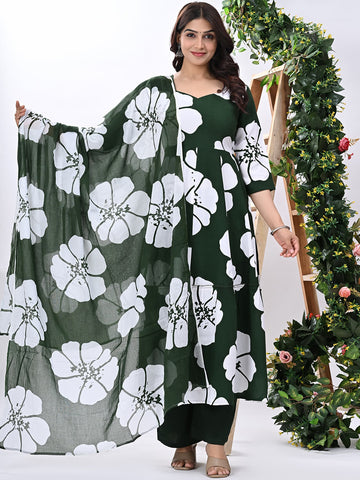Floral Printed Sweetheart Neck Pure Cotton Kurta With Trousers & Dupatta
