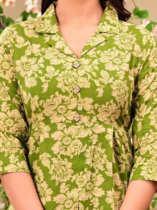 Floral Printed Shirt-Collar Pure Cotton Tunic With Trousers