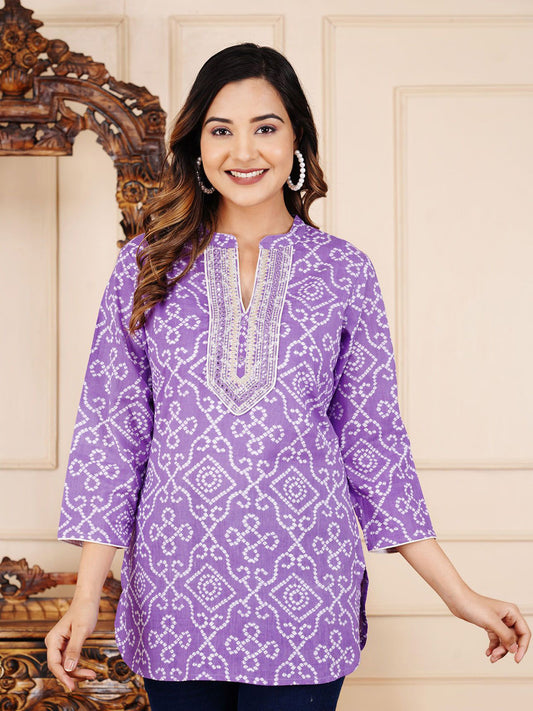 Printed Embroidered Mandarin Collar Cotton Tops