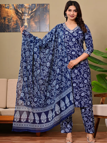 Women Ethnic Motifs Printed Regular Thread Work Kurta with Trousers & With Dupatta