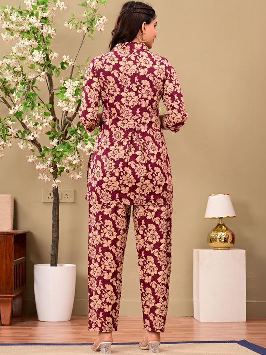 Women Maroon Floral Printed Co-Ord Set